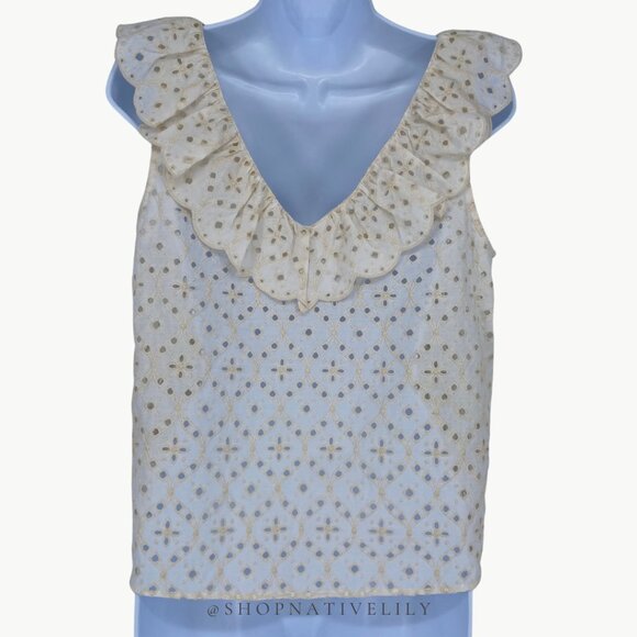 Sézane Women's Eyelet Ruffle V-Neck Gold Blouse Tank | 38 (US 6) | Ecru (Cream) - Picture 9 of 12